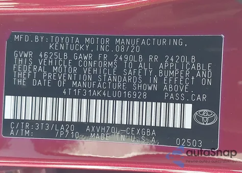 2020 Toyota Camry Xle Hybrid z USA, uszkodzony, nr VIN 4T1F31AK4LU016928